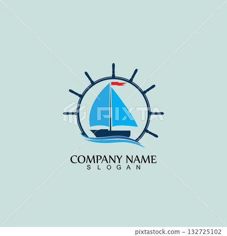 Ship and Boat Helm Steering Wheel on The Wave Water Ocean Logo Symbol 132725102