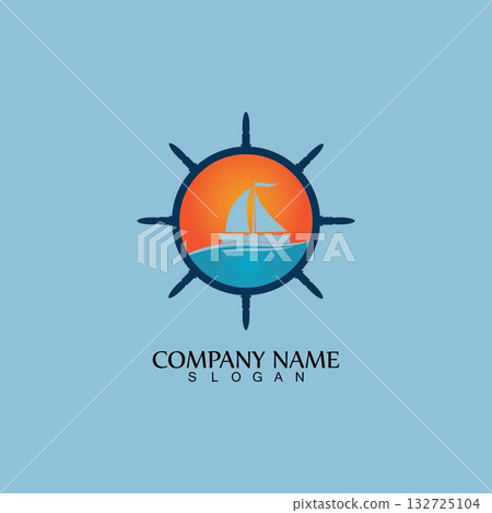 Ship and Boat Helm Steering Wheel on The Wave Water Ocean Logo Symbol 132725104