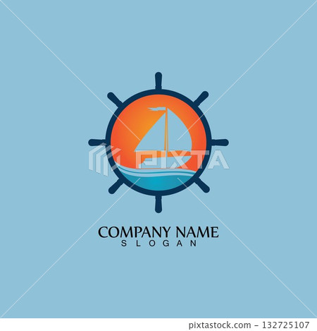 Ship and Boat Helm Steering Wheel on The Wave Water Ocean Logo Symbol 132725107