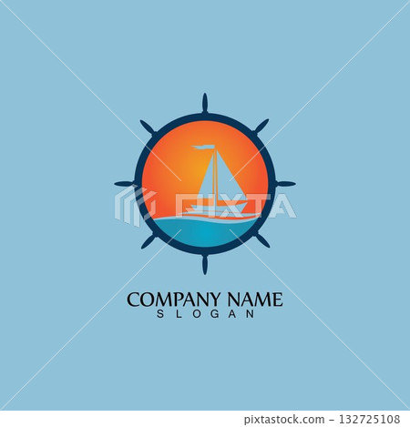 Ship and Boat Helm Steering Wheel on The Wave Water Ocean Logo Symbol 132725108