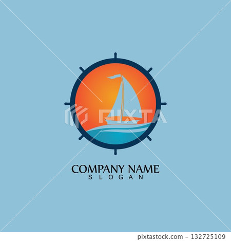 Ship and Boat Helm Steering Wheel on The Wave Water Ocean Logo Symbol 132725109