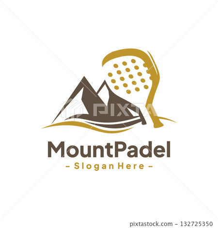 Padel sport logo design template with mountain view. Concept of extreme play padel in the top. Isolated vector icon on white background. Padel sport logo design template with mountain view. Concept of extreme play padel in the top. Isolated vector icon on white background. 132725350