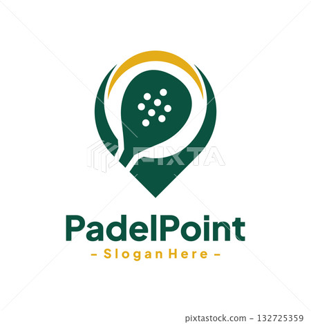 Racket with pin mark logo design template. Padel sport event location pointer. Isolated vector icon on white background. Racket with pin mark logo design template. Padel sport event location pointer. Isolated vector icon on white background. 132725359