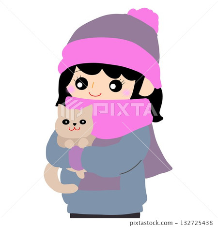 一位戴著圍巾的女子抱著一隻寵物 132725438