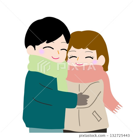 情侶擁抱的剪影(例如,兩人共用一條圍巾) 情侶擁抱的剪影(例如,兩人共用一條圍巾) 132725443