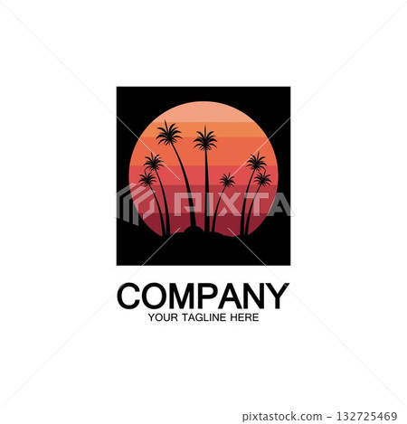 Palm Tree Beach Vintage Icon. 132725469