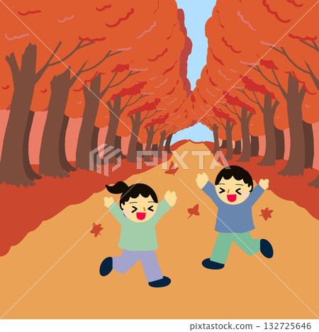 沿著林蔭小徑玩耍，把落葉丟到地上（鋪成楓葉地毯） 132725646