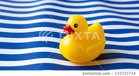 Cute yellow rubber duck on a blue and white striped background.  132725714