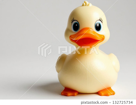 Cute Yellow Rubber Duck with Long Lashes on White Background, Perfect for Children's Projects and Bath Time Concepts 132725734