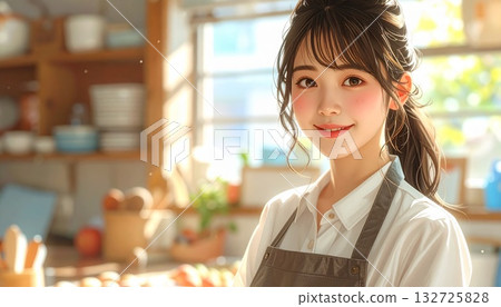 AI-generated image of a woman wearing an apron with a kitchen in the background 132725828