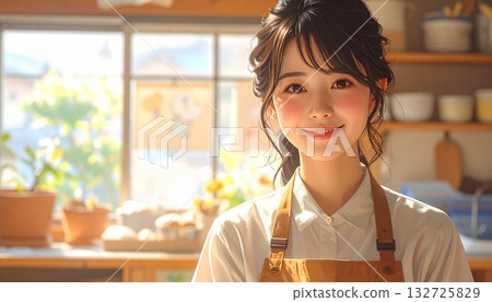 AI-generated image of a woman wearing an apron with a kitchen in the background 132725829