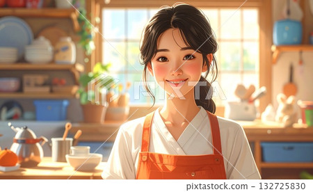 AI-generated image of a woman wearing an apron with a kitchen in the background 132725830