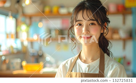 AI-generated image of a woman wearing an apron with a kitchen in the background AI-generated image of a woman wearing an apron with a kitchen in the background 132725831