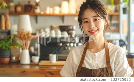 人工智慧生成的圖像，描繪了一位在咖啡館工作的年輕女性。 132725933