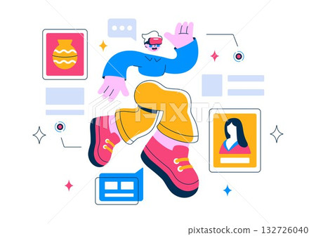 Virtual Museum Tour Vector Illustration Featuring A Modern Art Museum Where All Exhibits Are Digitally Displayed With Interactive Art Gallery Elements 132726040