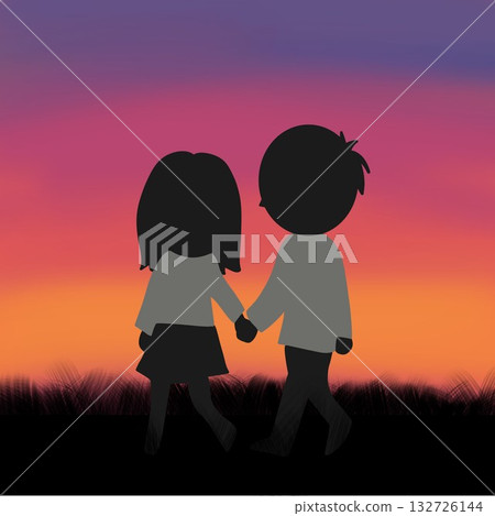 夕陽背景下的剪影插畫:一對牽手的情侶 夕陽背景下的剪影插畫:一對牽手的情侶 132726144