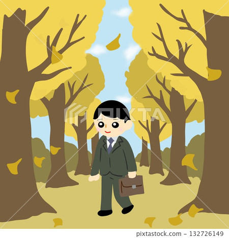 A businessman in a suit walking alone along a tree-lined road (ginkgo tree-lined street) with fallen leaves falling A businessman in a suit walking alone along a tree-lined road (ginkgo tree-lined street) with fallen leaves falling 132726149