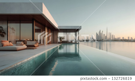 Modern, luxurious villa with an infinity pool overlooking the stunning dubai skyline at sunrise, offering breathtaking panoramic views and a tranquil atmosphere 132726819