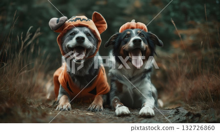 Two joyful dogs dressed in halloween costumes lie in an autumn forest, soaking up the festive atmosphere and radiating their playful spirit among the colorful leaves Two joyful dogs dressed in halloween costumes lie in an autumn forest, soaking up the festive atmosphere and radiating their playful spirit among the colorful leaves 132726860