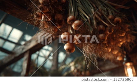 Bunches of onions hanging from a wooden beam in a rustic barn, drying under the warm glow of natural light filtering through the glass roof, create a picturesque autumn scene Bunches of onions hanging from a wooden beam in a rustic barn, drying under the warm glow of natural light filtering through the glass roof, create a picturesque autumn scene 132726903