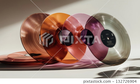 Four colorful vinyl records are standing on a white surface, casting interesting shadows and creating a vibrant and retro music themed scene Four colorful vinyl records are standing on a white surface, casting interesting shadows and creating a vibrant and retro music themed scene 132726904