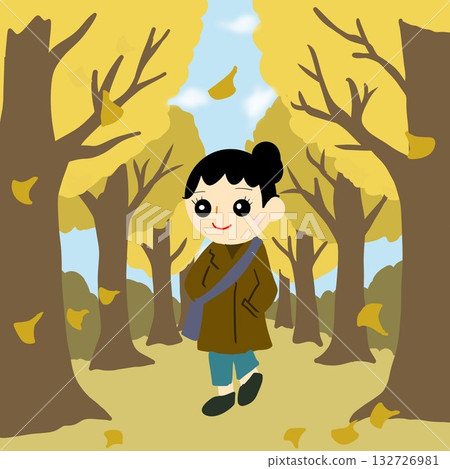 A woman walking alone along a tree-lined street (ginkgo tree-lined street) with fallen leaves falling A woman walking alone along a tree-lined street (ginkgo tree-lined street) with fallen leaves falling 132726981