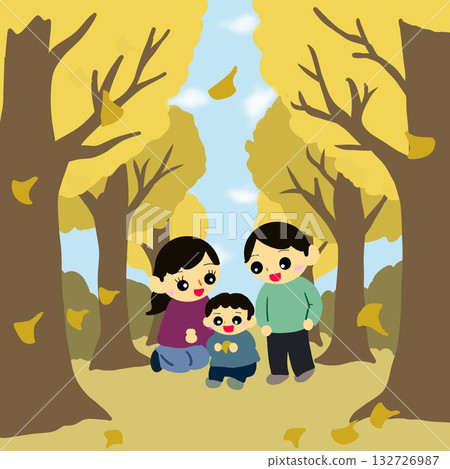 A parent and child walking along a tree-lined road (ginkgo trees) covered with fallen leaves (the child is picking up the leaves) A parent and child walking along a tree-lined road (ginkgo trees) covered with fallen leaves (the child is picking up the leaves) 132726987