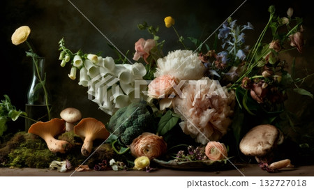 Captivating still life featuring a diverse arrangement of peonies, foxgloves, ranunculus, mushrooms, broccoli, moss, and a delicate glass bottle against a dark background 132727018