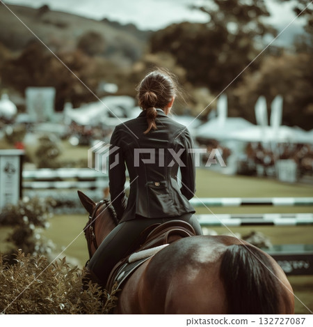 Horse and rider are patiently waiting their turn, contemplating the upcoming jump during a show jumping competition, with blurred spectators and obstacles in the background 132727087