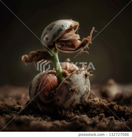 Small sprout emerging from a seed nestled in rich soil, illustrating the powerful beginnings of new life and the remarkable resilience of nature's growth processes Small sprout emerging from a seed nestled in rich soil, illustrating the powerful beginnings of new life and the remarkable resilience of nature's growth processes 132727088