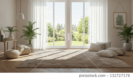 AI-generated image of a calm room with soft sunlight and a rug AI-generated image of a calm room with soft sunlight and a rug 132727178