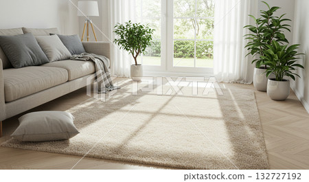 舒適的客廳：溫暖的地毯和由人工智慧生成的布沙發 132727192