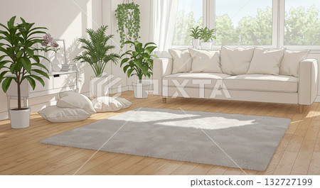 人工智慧生成的暖米色地毯圖像，與簡約現代的室內設計相得益彰。 132727199