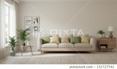 人工智慧生成的圖像，展示了一個明亮的客廳，客廳裡有一張米色沙發。 132727542