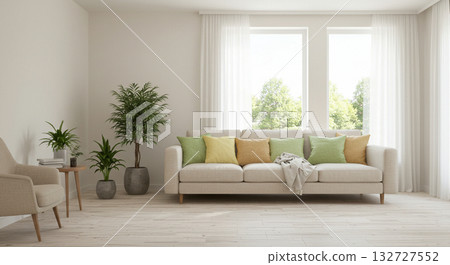 AI-generated image of a calm living room with a gray sofa 132727552