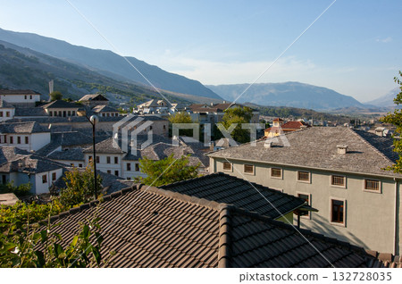 A view from the castle towards the center of the city of Gjirokaster, Albania in summertime. High quality photo 132728035