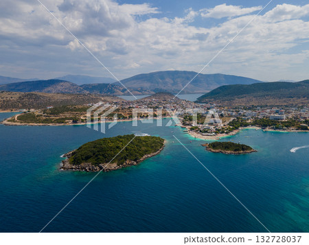 Panoramic view of Ksamil, Albanian Riviera. Ksamil islands are located near the Saranda. Top View. Beautiful destinations. High quality photo 132728037