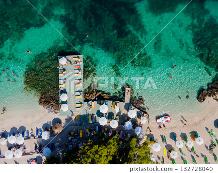 Panoramic view of Ksamil, Albanian Riviera. Ksamil islands are located near the Saranda. Top View. Beautiful destinations. High quality photo 132728040