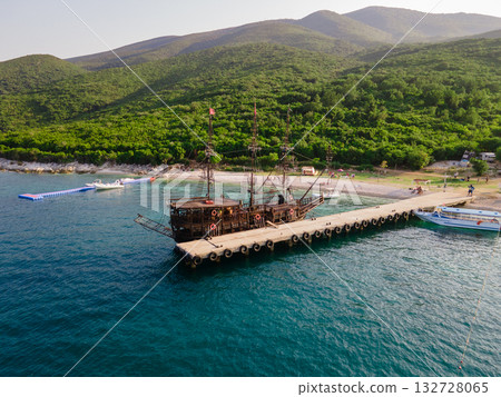Panoramic view of Ksamil, Albanian Riviera. Ksamil islands are located near the Saranda. Top View. Beautiful destinations. High quality photo 132728065