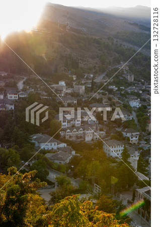 A view from the castle towards the center of the city of Gjirokaster, Albania in summertime. High quality photo 132728116