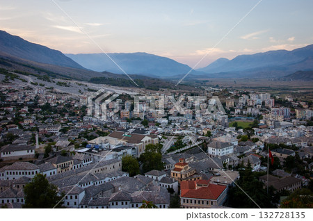 A view from the castle towards the center of the city of Gjirokaster, Albania in summertime. High quality photo A view from the castle towards the center of the city of Gjirokaster, Albania in summertime. High quality photo 132728135