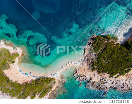 Panoramic view of Ksamil, Albanian Riviera. Ksamil islands are located near the Saranda. Top View. Beautiful destinations. High quality photo Panoramic view of Ksamil, Albanian Riviera. Ksamil islands are located near the Saranda. Top View. Beautiful destinations. High quality photo 132728138