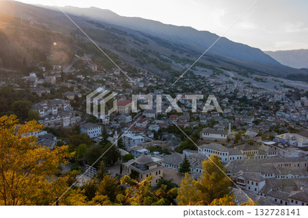 A view from the castle towards the center of the city of Gjirokaster, Albania in summertime. High quality photo 132728141