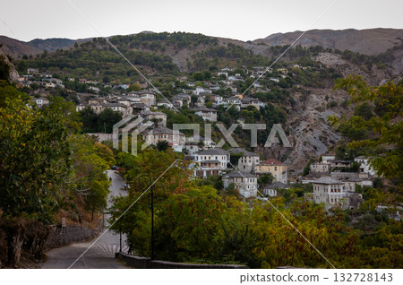 A view from the castle towards the center of the city of Gjirokaster, Albania in summertime. High quality photo 132728143
