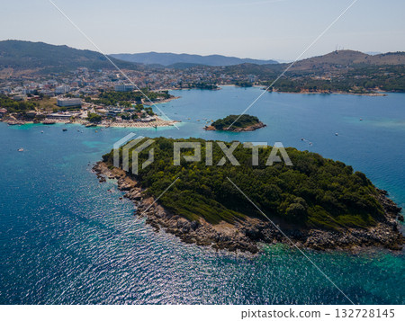 Panoramic view of Ksamil, Albanian Riviera. Ksamil islands are located near the Saranda. Top View. Beautiful destinations. High quality photo Panoramic view of Ksamil, Albanian Riviera. Ksamil islands are located near the Saranda. Top View. Beautiful destinations. High quality photo 132728145