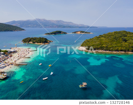 Panoramic view of Ksamil, Albanian Riviera. Ksamil islands are located near the Saranda. Top View. Beautiful destinations. High quality photo Panoramic view of Ksamil, Albanian Riviera. Ksamil islands are located near the Saranda. Top View. Beautiful destinations. High quality photo 132728146