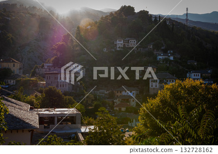 A view from the castle towards the center of the city of Gjirokaster, Albania in summertime. High quality photo A view from the castle towards the center of the city of Gjirokaster, Albania in summertime. High quality photo 132728162
