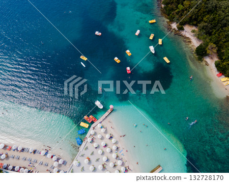 Panoramic view of Ksamil, Albanian Riviera. Ksamil islands are located near the Saranda. Top View. Beautiful destinations. High quality photo 132728170