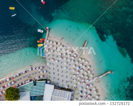 Panoramic view of Ksamil, Albanian Riviera. Ksamil islands are located near the Saranda. Top View. Beautiful destinations. High quality photo 132728172