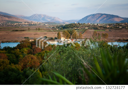 Albanian mountain panorama in warm evening light, between Theth mountain village and the remote Vermosh village, Albania. High quality photo 132728177
